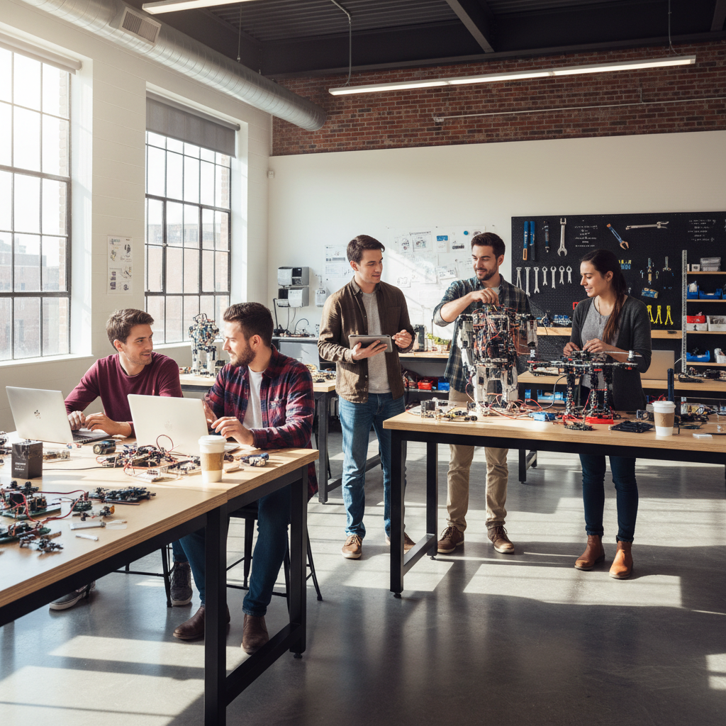 Adolescentes trabajando con computadoras y tecnología en sala de innovación moderna