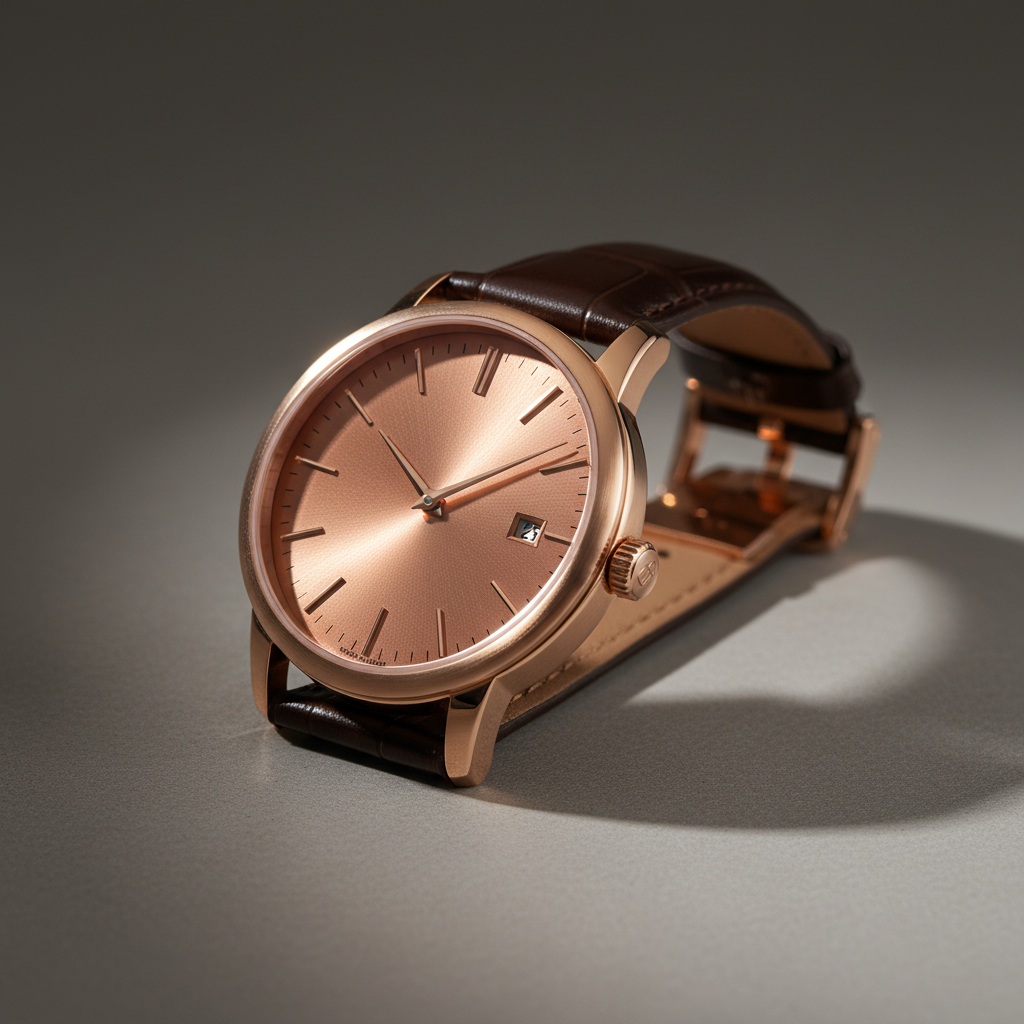 Watch movement side profile, brushed platinum case, dim industrial lighting with deep shadows