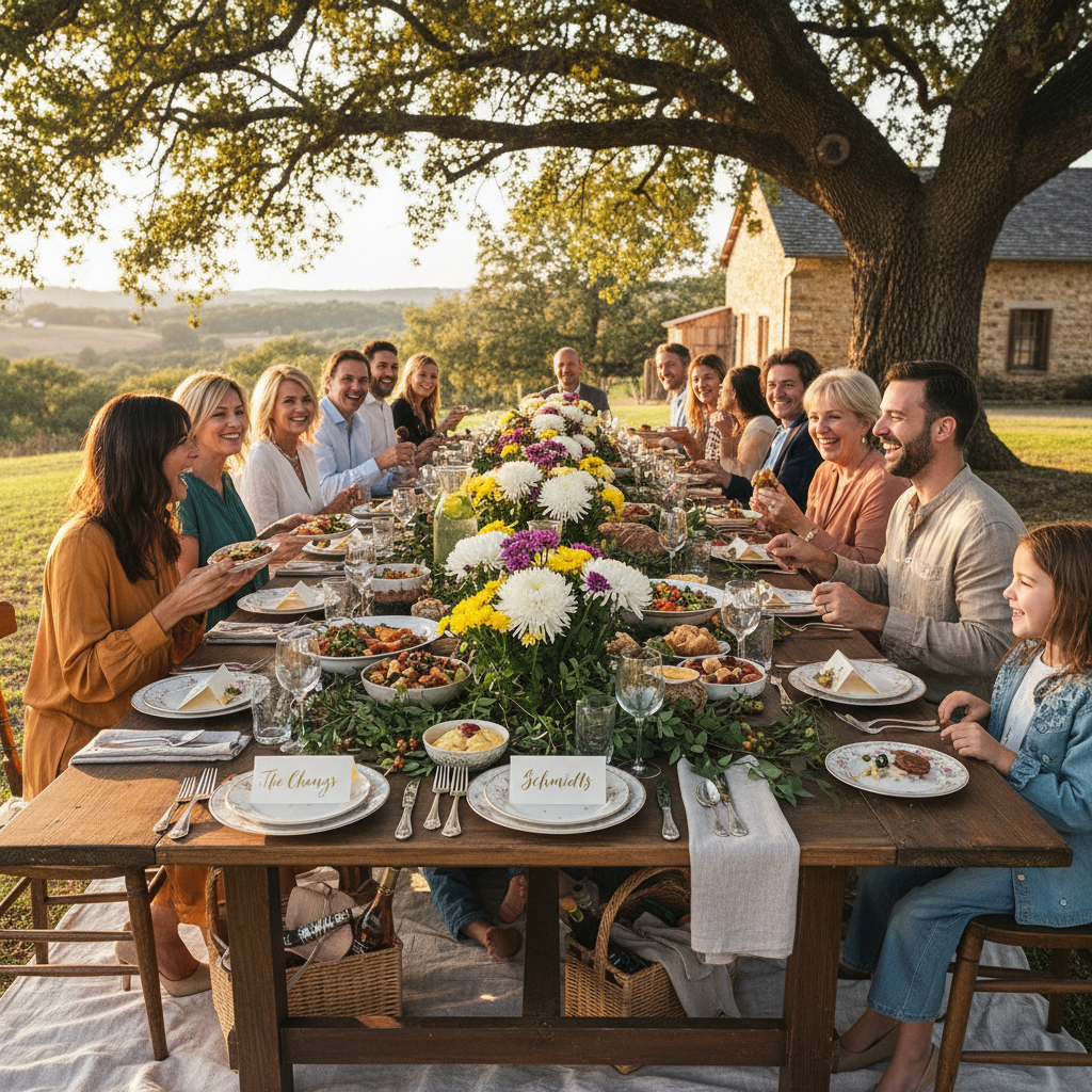 Intimate family reunion feast table with hand-calligraphed place cards and chrysanthemum arrangements
