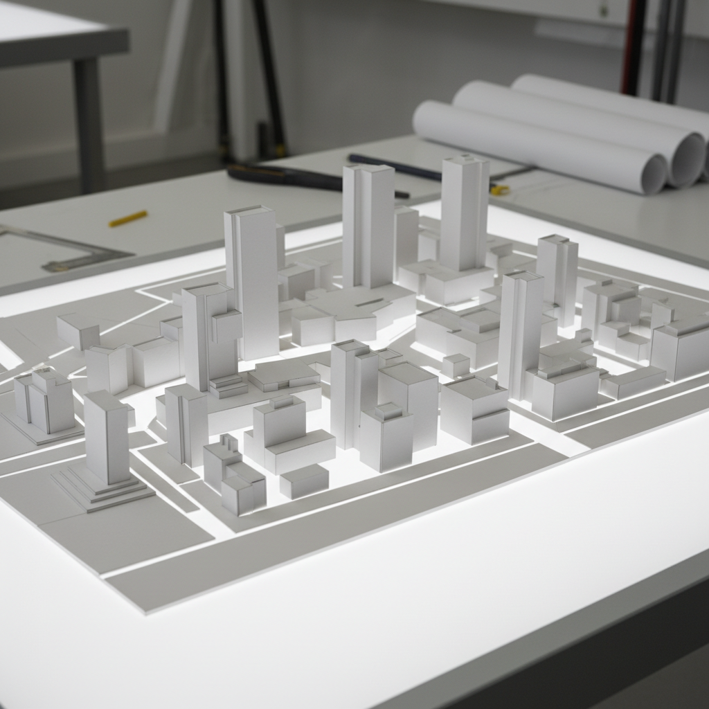 Physical architectural study models in white cardboard showing massing options and spatial concepts