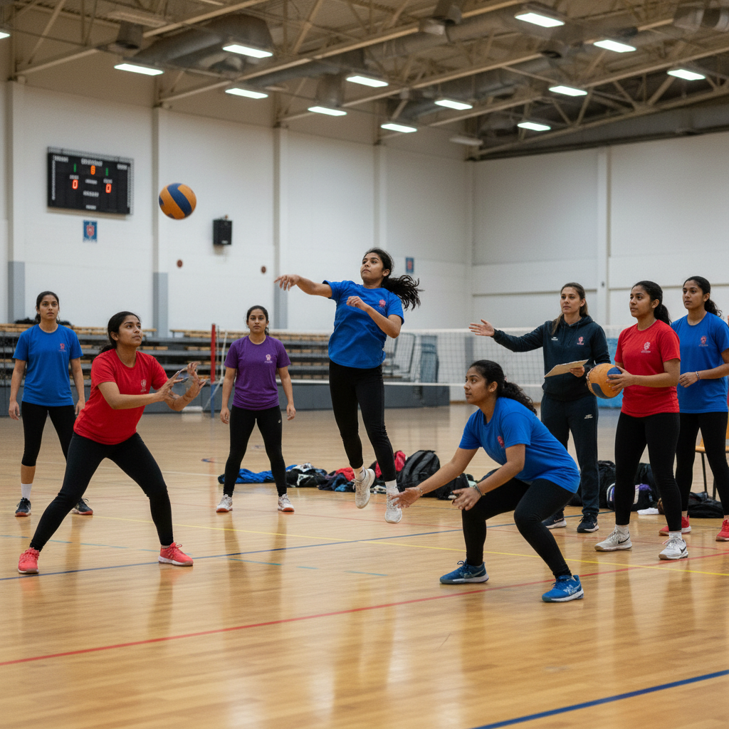 Coach instructing athlete on indoor sports court with professional coaching equipment