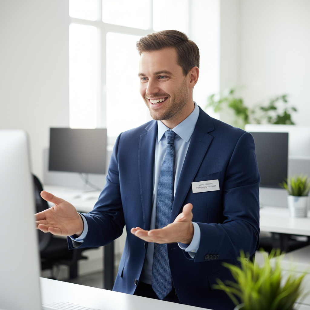 Caucasian male professional in white shirt with friendly expression in bright office