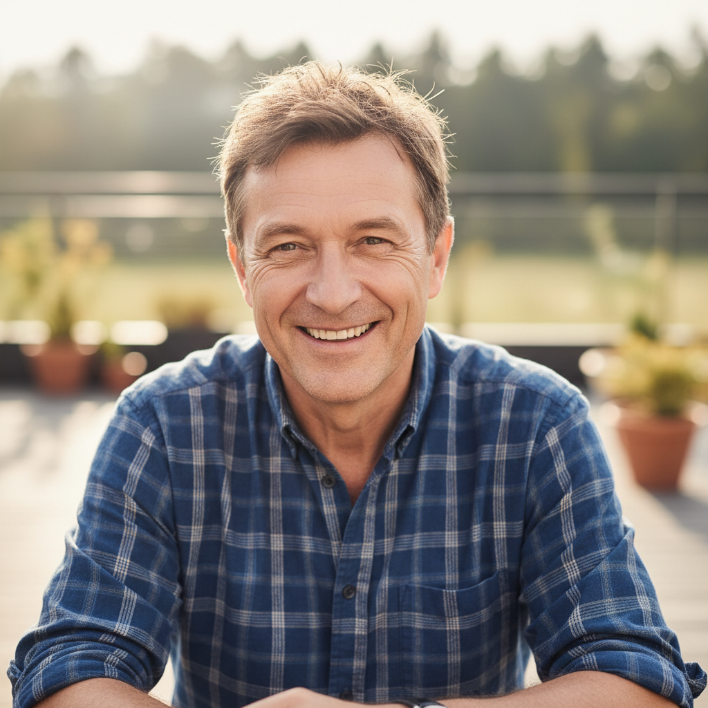 Smiling American man outdoors, short grey hair, rugged outdoorsman appearance