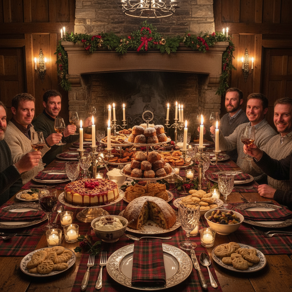 Dramatic Scottish winter dinner setting with candlelight, tartan accents, and elaborate dessert course