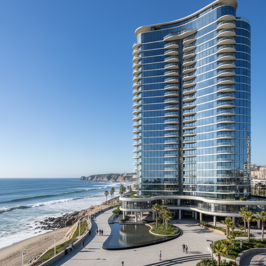 Beachfront apartment tower with sea views, modern glass facade, Dubai skyline