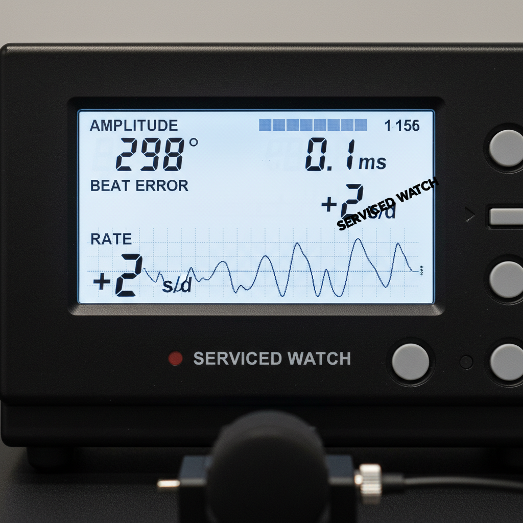 Timegrapher digital display showing amplitude 298 degrees beat error 0.1ms rate plus 2 seconds per day for a serviced watch