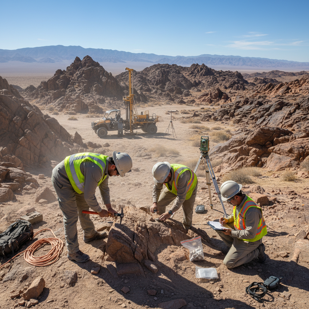 Geological survey team analyzing rock samples in Ituri Province terrain, scientific instruments, outdoor setting