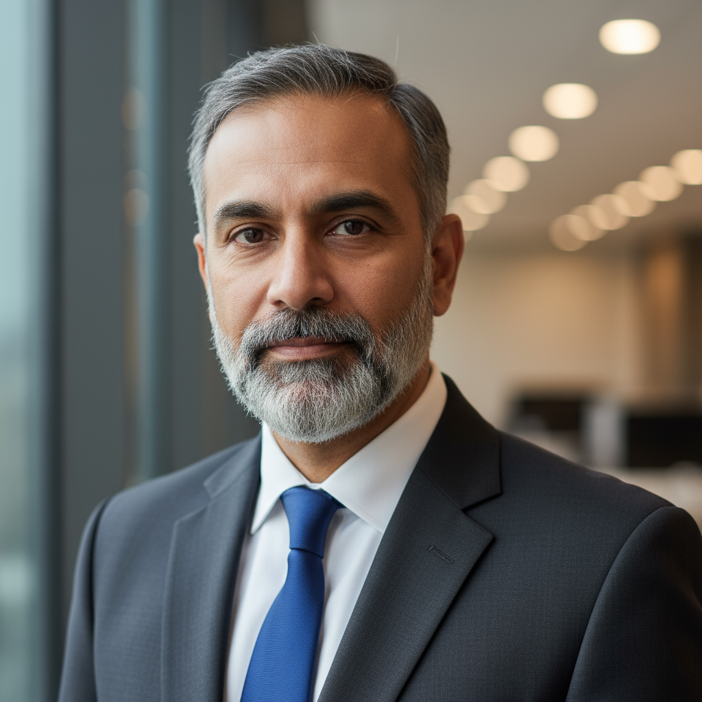 Middle-aged Indian businessman with grey hair wearing formal attire, professional portrait