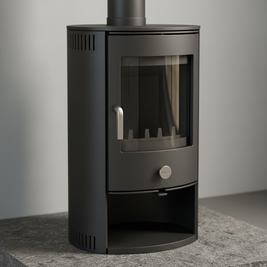 Morso 6148 cast iron wood burning stove, Scandinavian design, black metallic finish