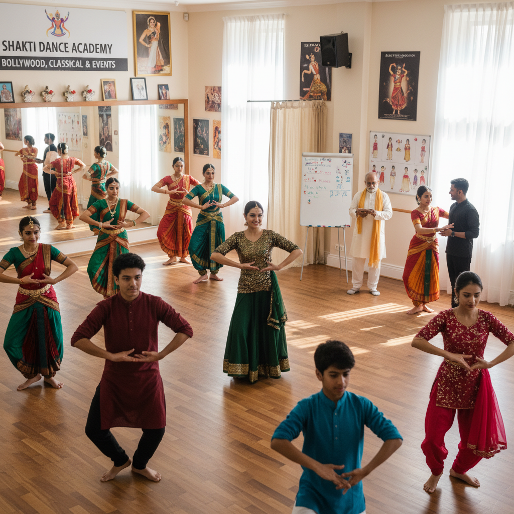 Energetic dance instructor teaching a Bollywood dance class in a studio