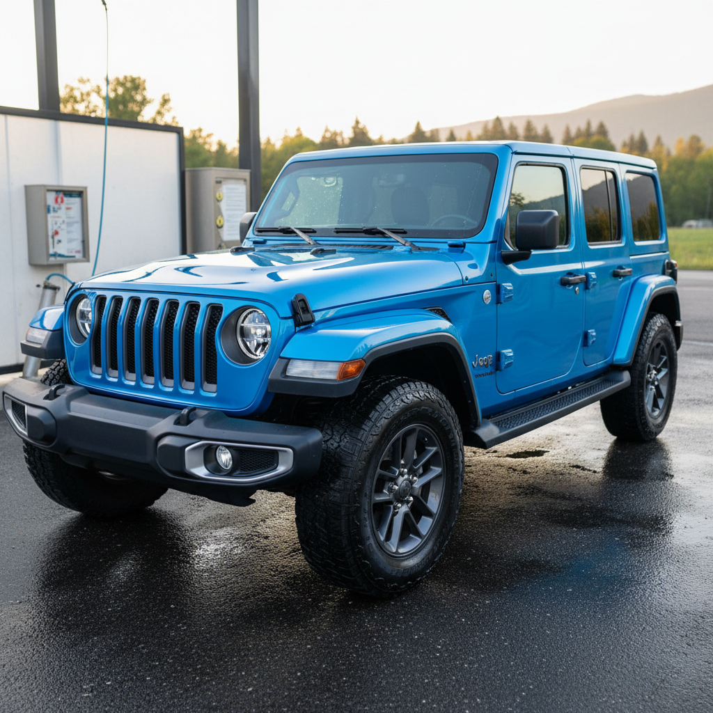 Blue Jeep Wrangler after off-road mud removal treatment at Suds