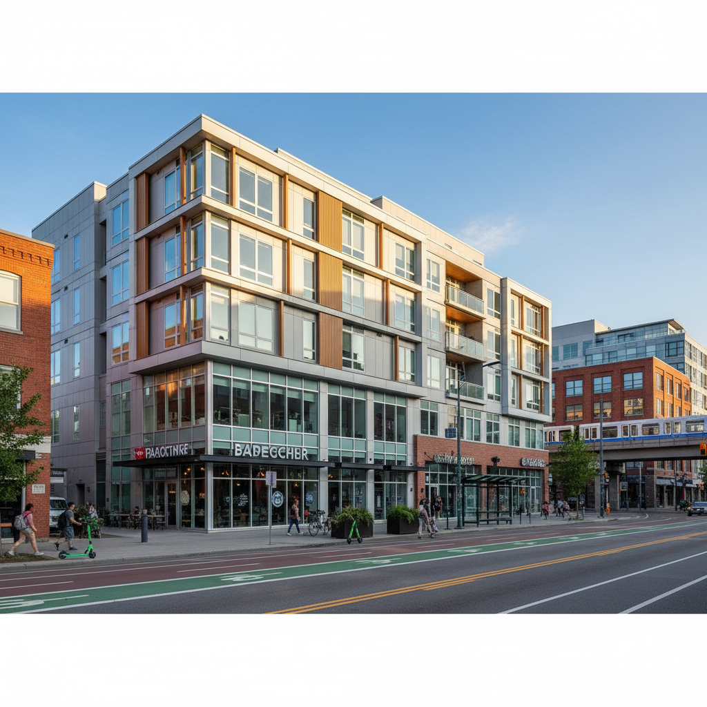 Modern mixed-use building with service retail on ground floor and residential units above near transit in Capitol Hill Denver