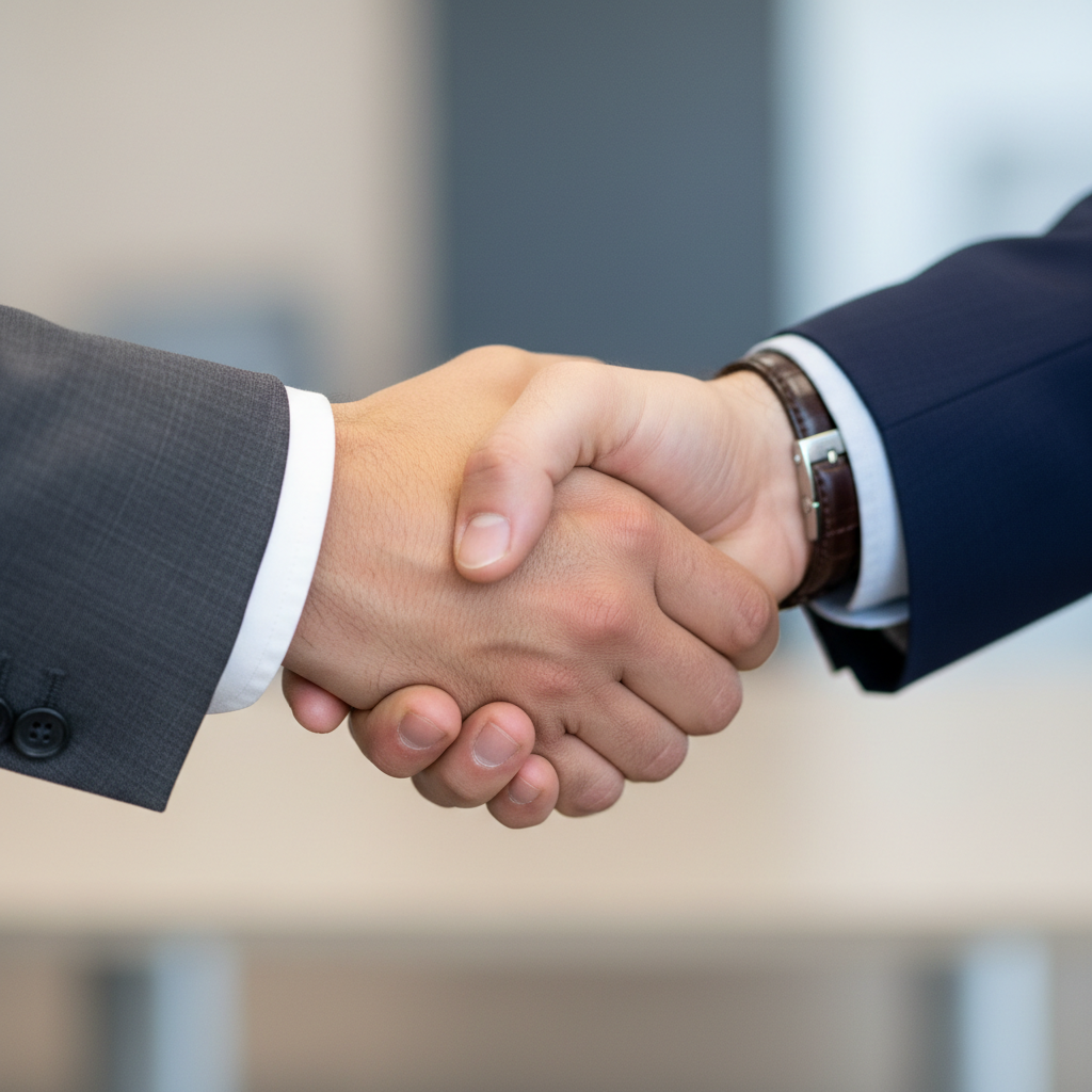 Two business professionals shaking hands symbolising a strong partnership agreement