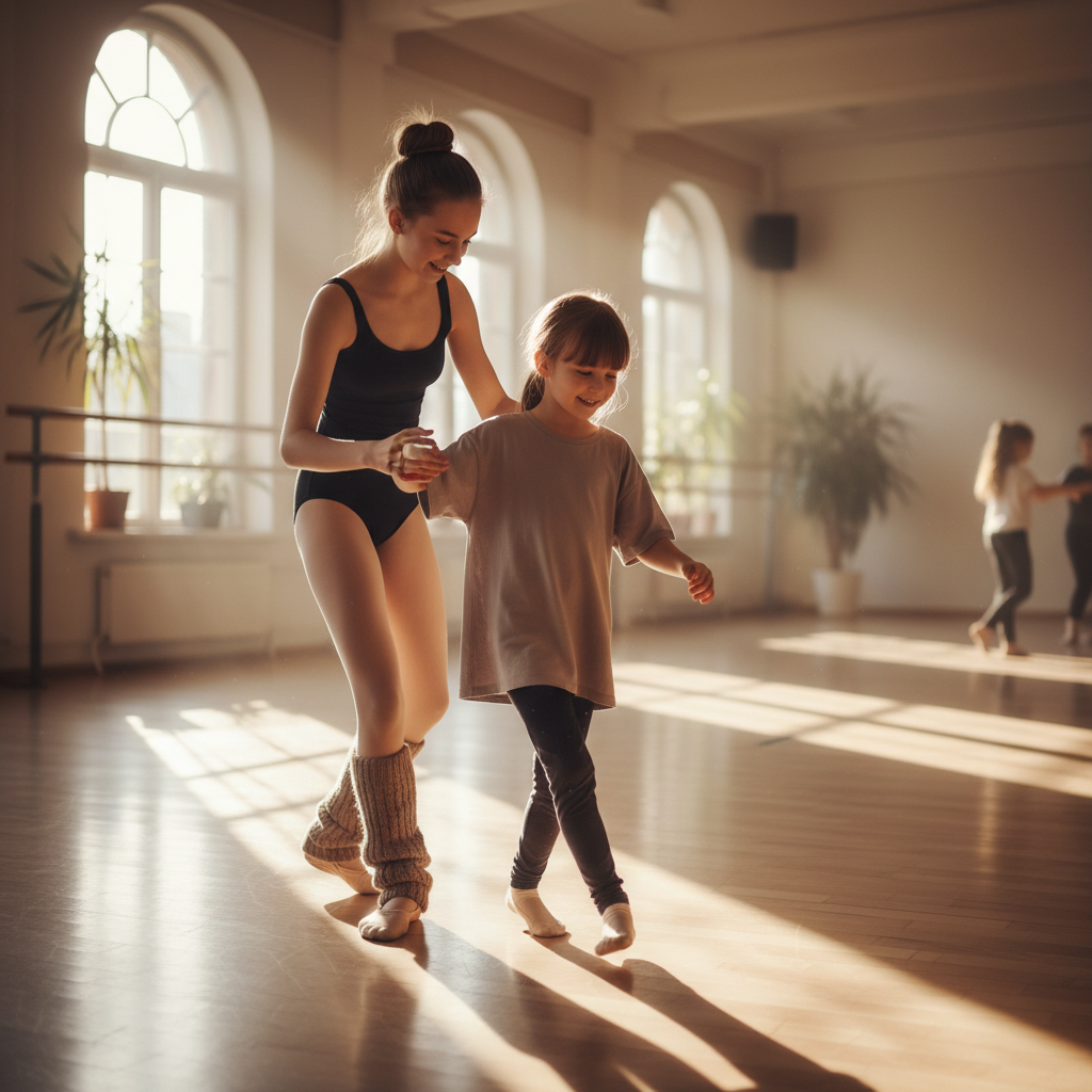 Older student teaching younger child a dance move