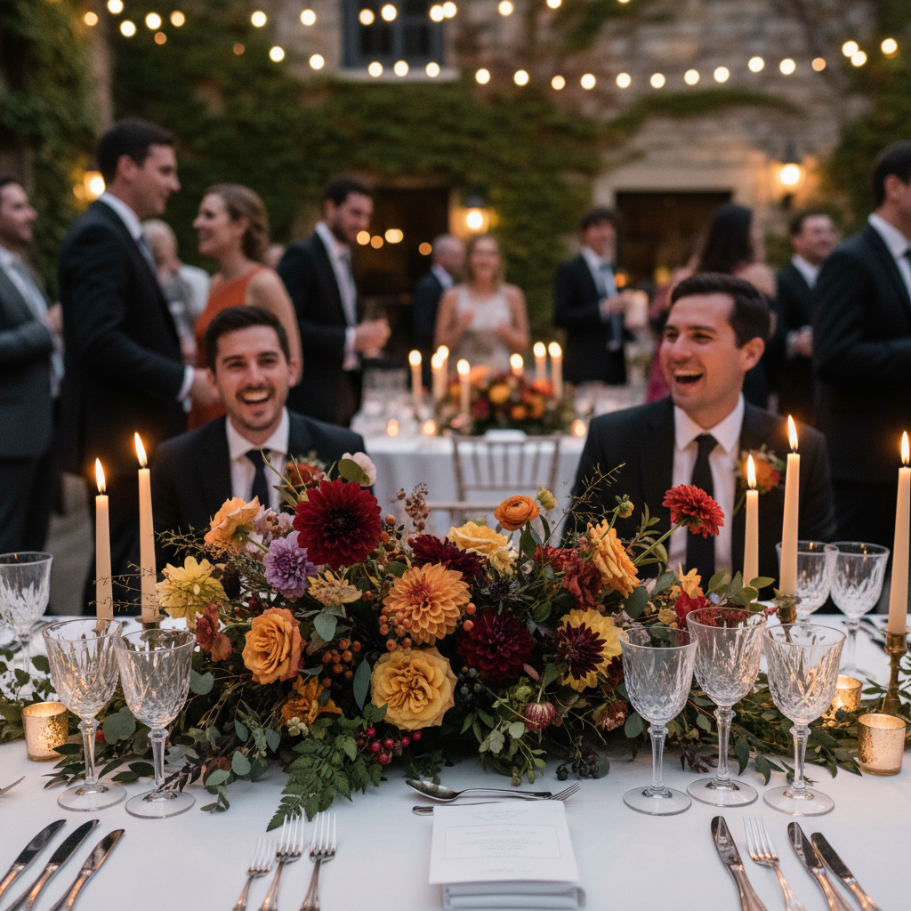 Close-up of wedding flowers and table decorations with warm candlelight
