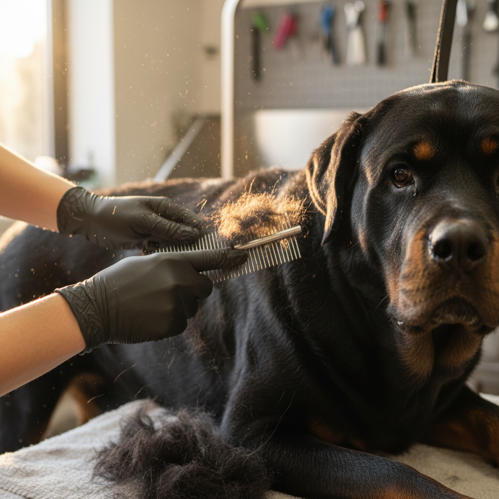 Rottweiler being groomed, clean shiny coat, professional grooming session for large breed dog