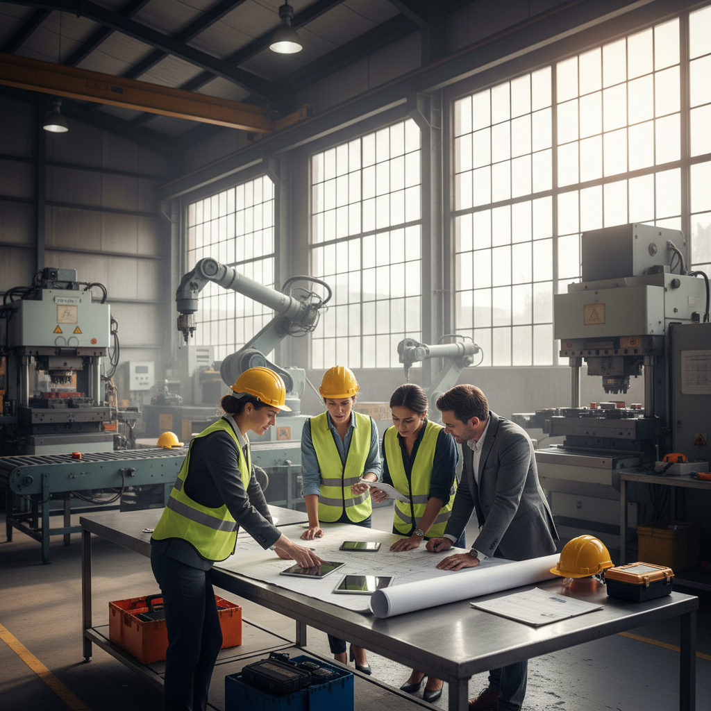 Engineers in hard hats reviewing electrical schematics in a bright, well-lit industrial facility