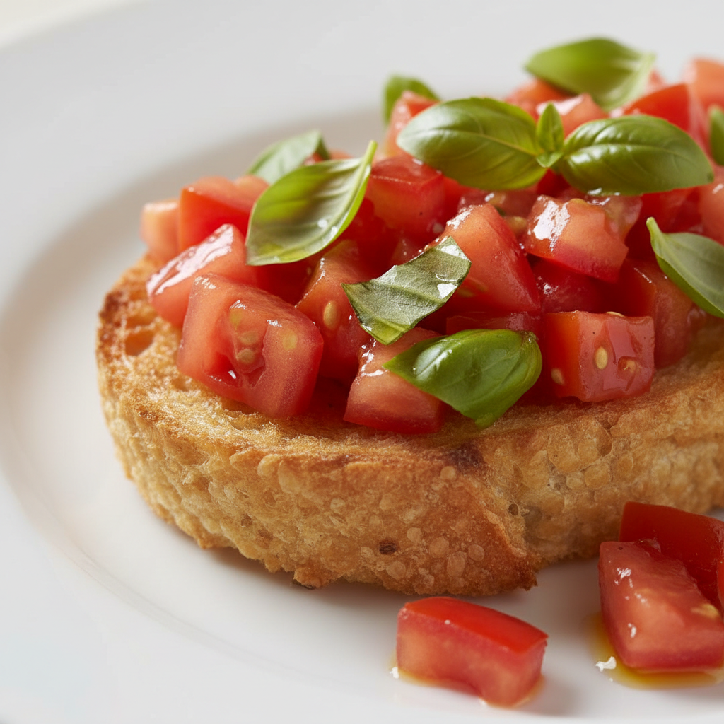 Knusprige Bruschetta mit frischen Tomaten, Basilikum und Olivenöl auf rustikalem Holzbrett, warmes Licht im Restaurant