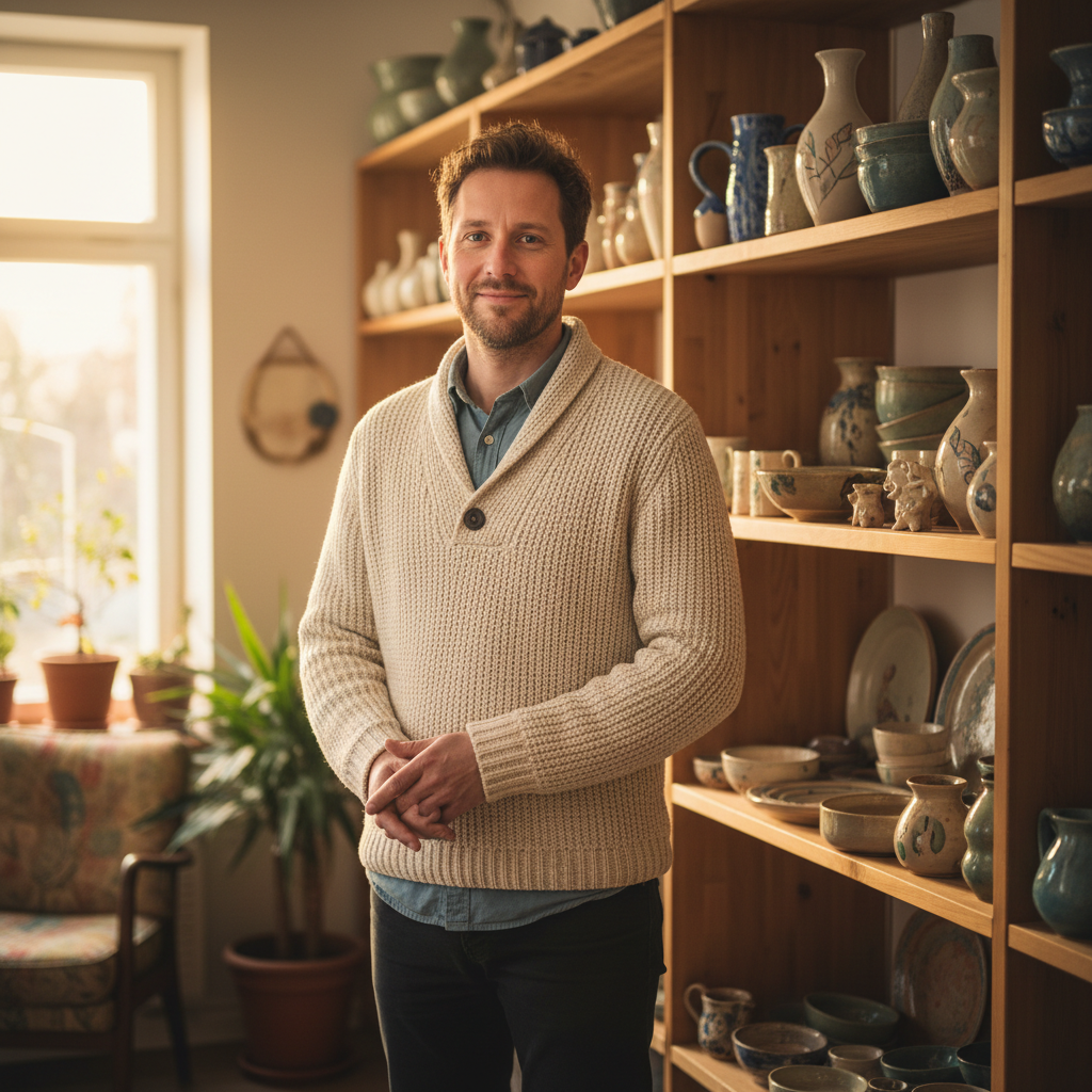 Tobias Schneider in a cozy setting with shelves of ceramics behind him