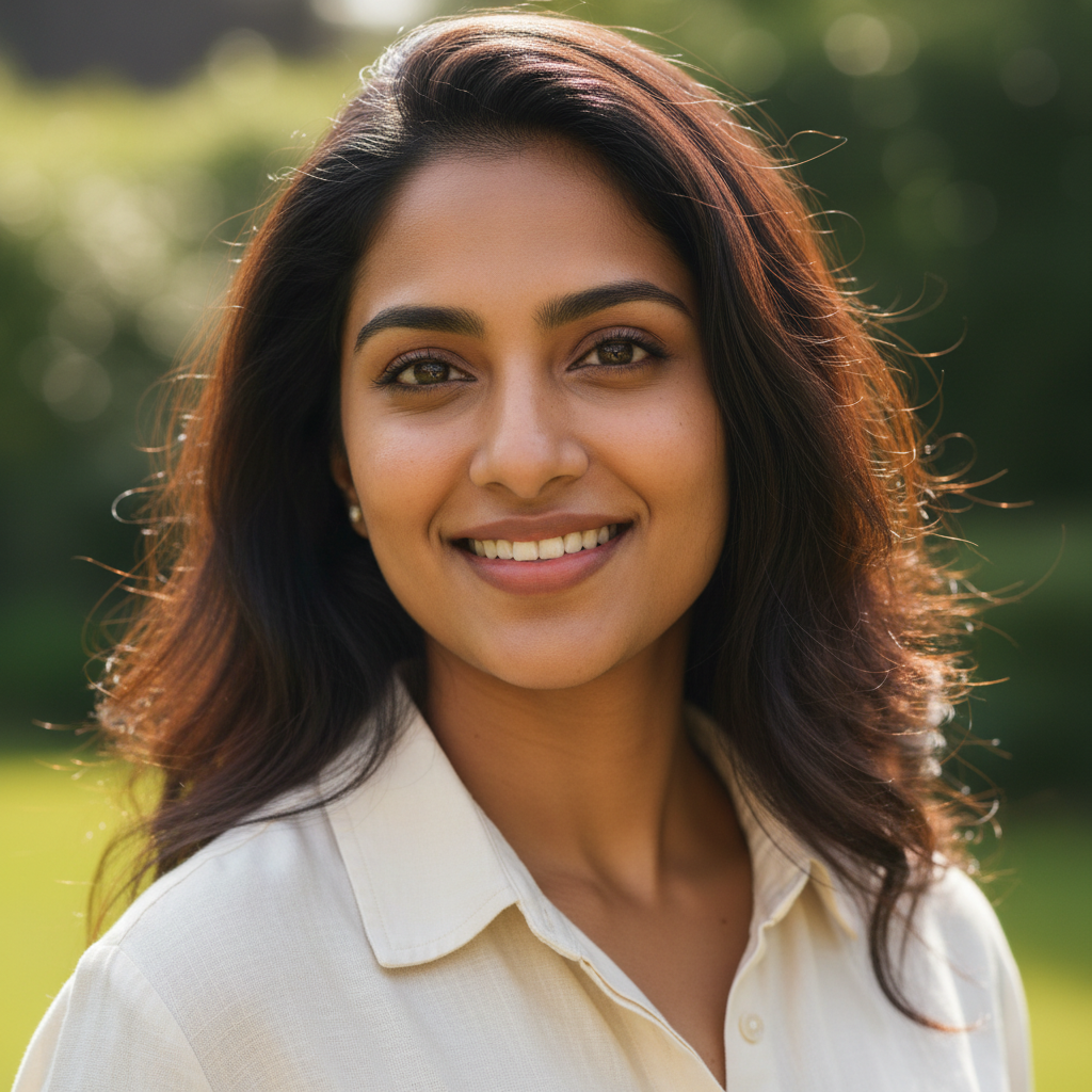 Close-crop portrait of Priya Nambiar, woman in late 20s smiling confidently, natural light