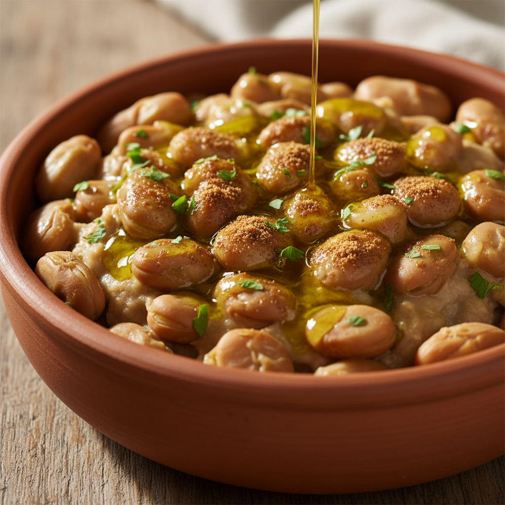 Foul medames fava beans in a terracotta bowl, dressed with sesame oil and cumin, garnished with fresh herbs