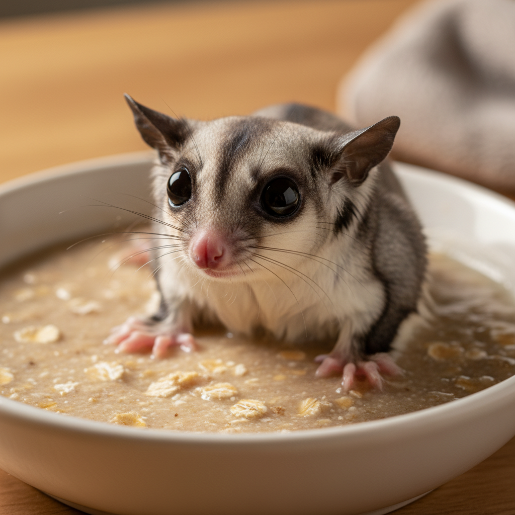 Sugar glider in shallow warm water dish with oatmeal bath, looking calm and curious
