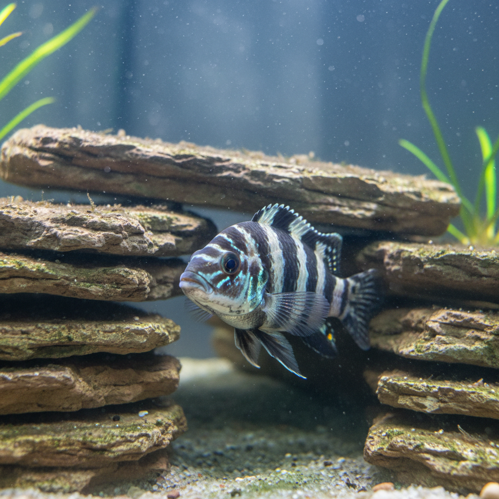 Black and white striped convict cichlid guarding a rocky cave in aquarium