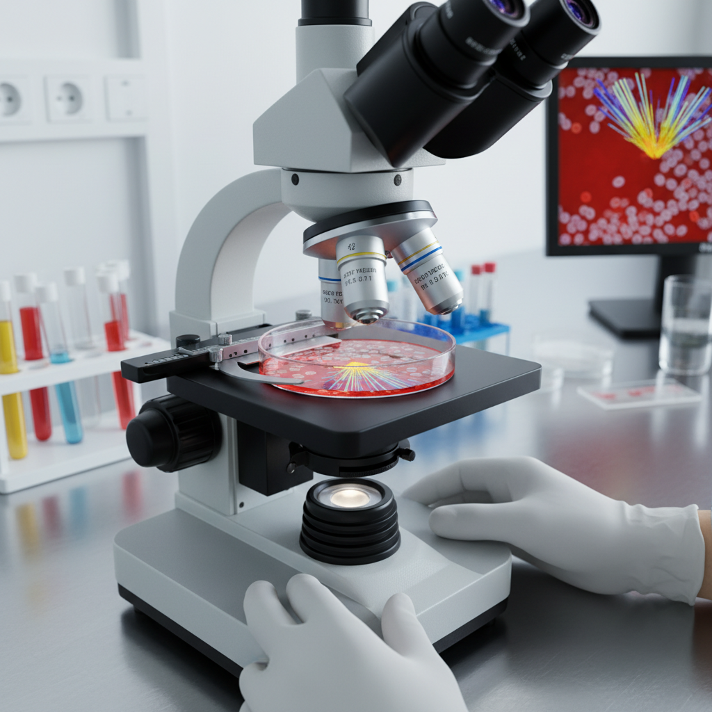 Scientific researcher examining petri dishes under bright laboratory lighting with clean white workstation