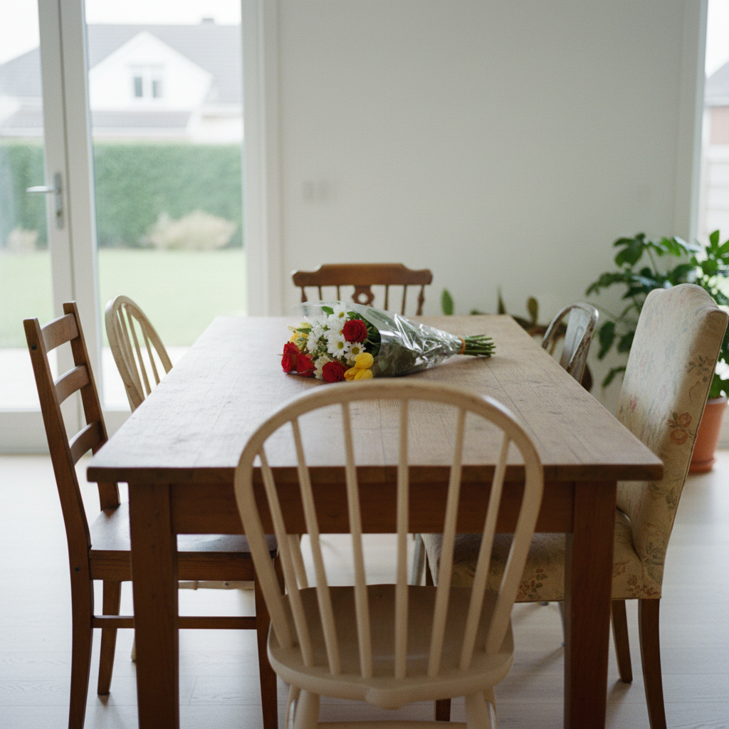 Bare dining table with mismatched chairs and a grocery-store bouquet still in cellophane wrapping