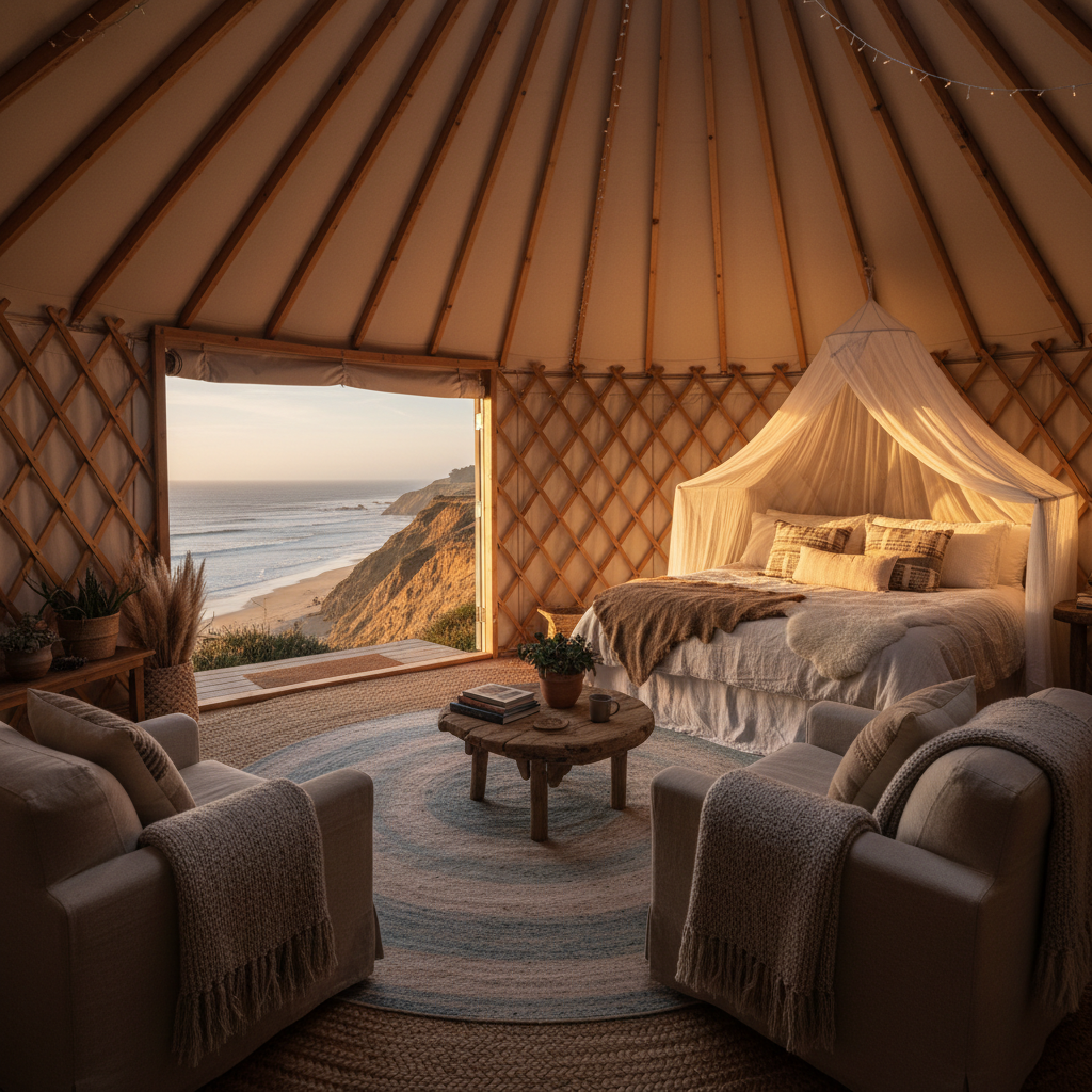 Coastal Bluff yurt interior with warm light and ocean view through the door