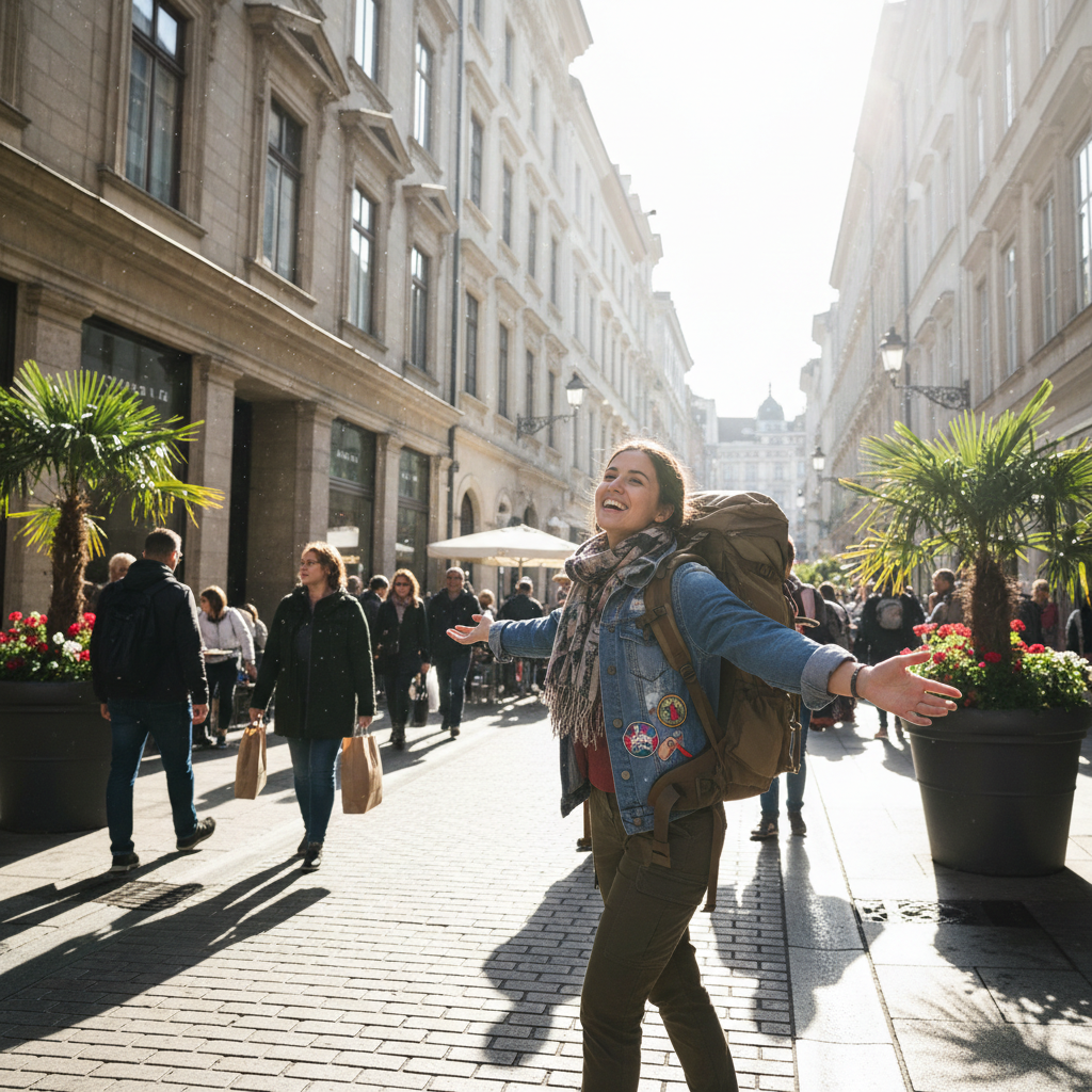 Viajera con mochila mirando mapa en ciudad europea con calles coloridas, mañana soleada, atmósfera de aventura