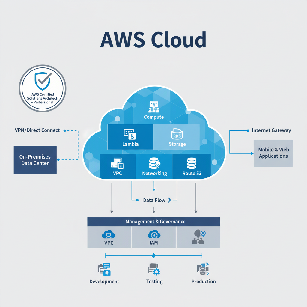 AWS cloud architecture diagram on monitor for cloud practitioner certification course