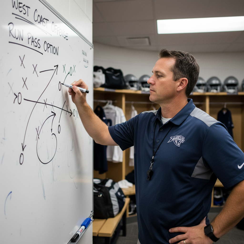 Coach drawing strategy on whiteboard with X and O play diagrams