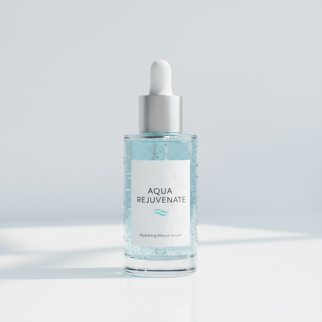 Clear glass serum bottle with gold dropper on pink background