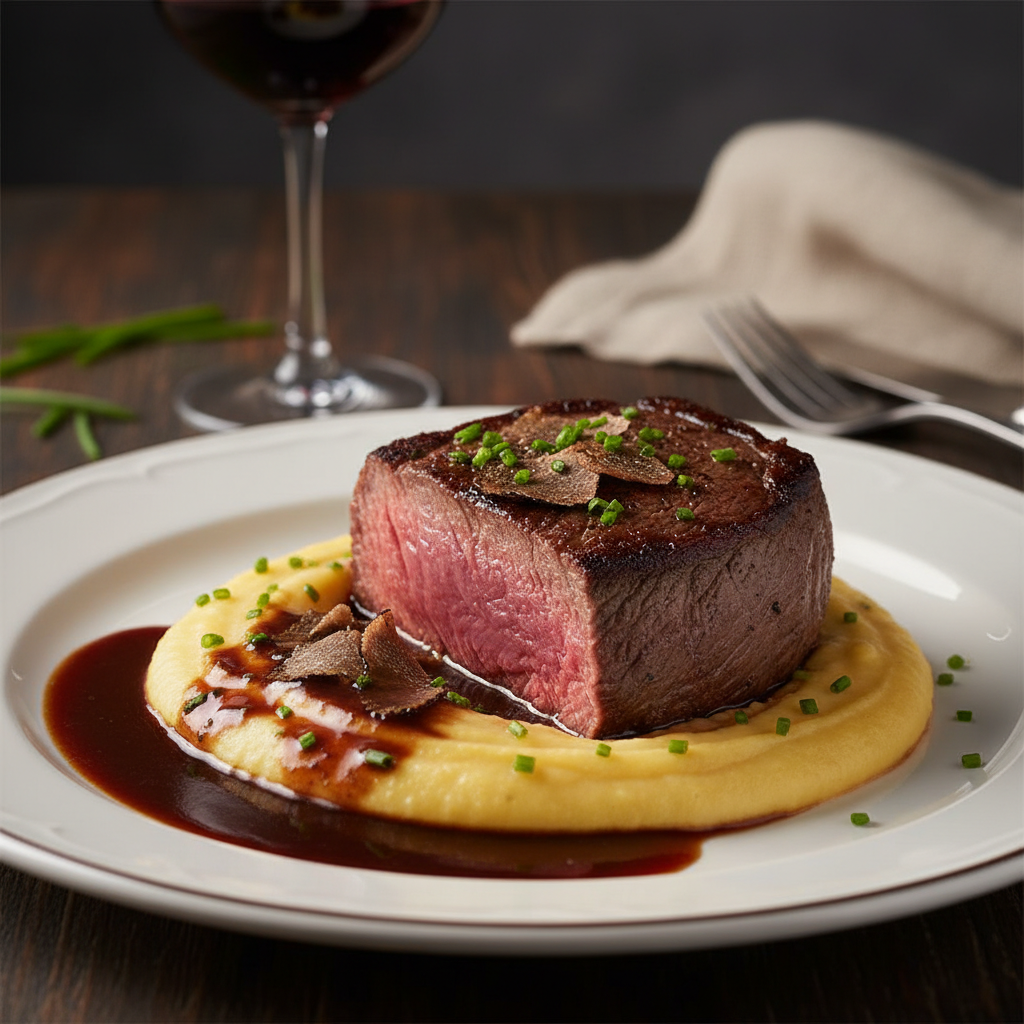 Premium steak perfectly seared with grill marks, served with truffle fries on dark ceramic plate