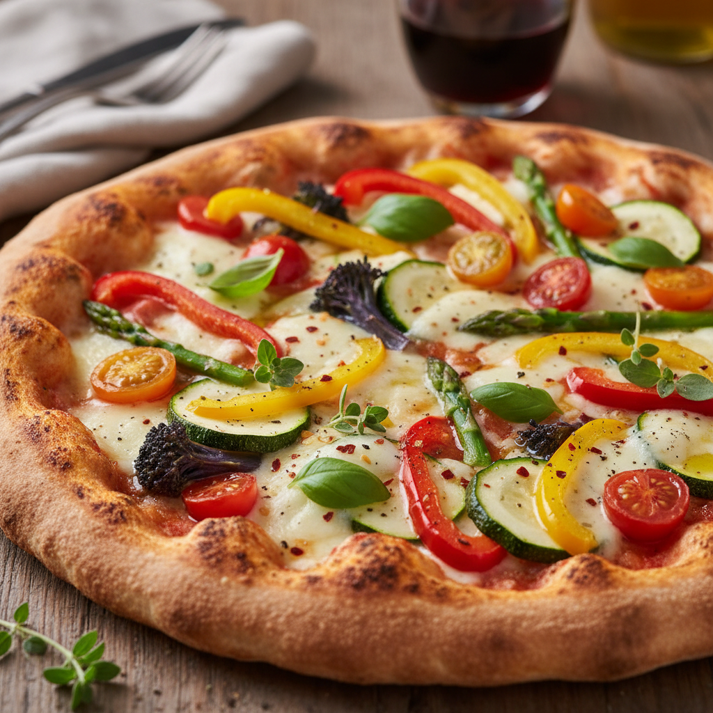 Garden fresh pizza on dark slate, melted mozzarella with colourful vegetables, dim moody lighting