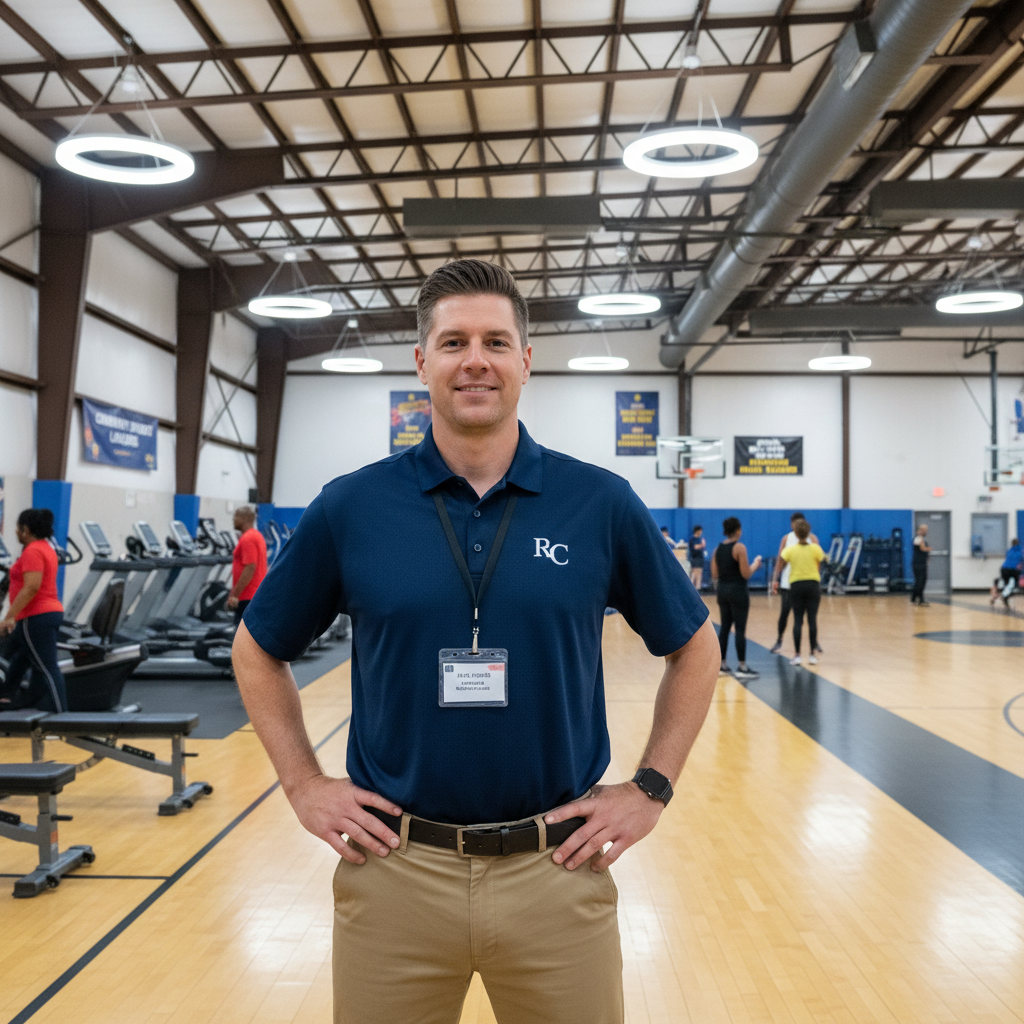 Marcus Webb, rec center coordinator in polo shirt standing in gymnasium