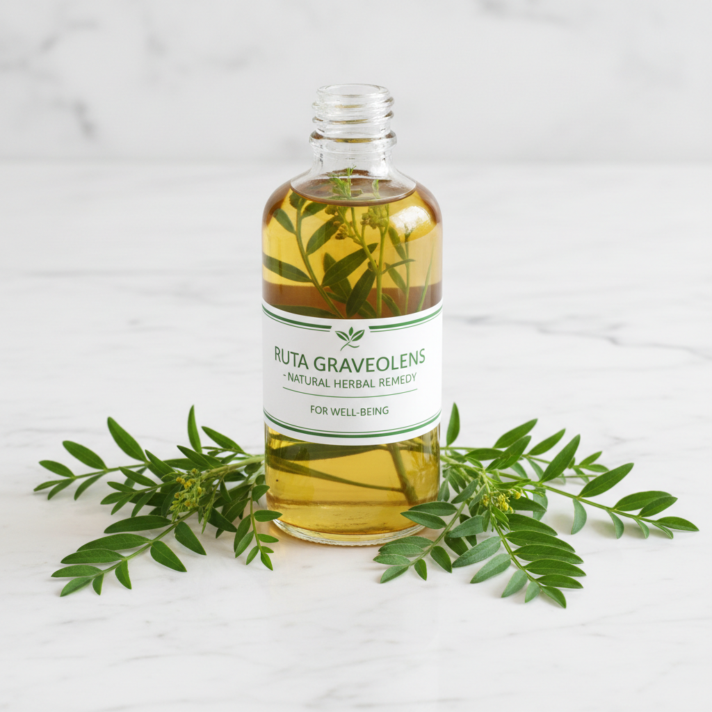 Herbal green-tinted bottle with celery seed and lovage botanical illustration