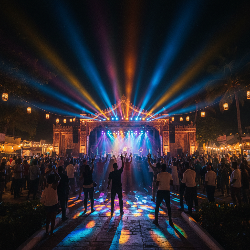 Forodhani Gardens festival stage setup at night with colorful lights, Zanzibar
