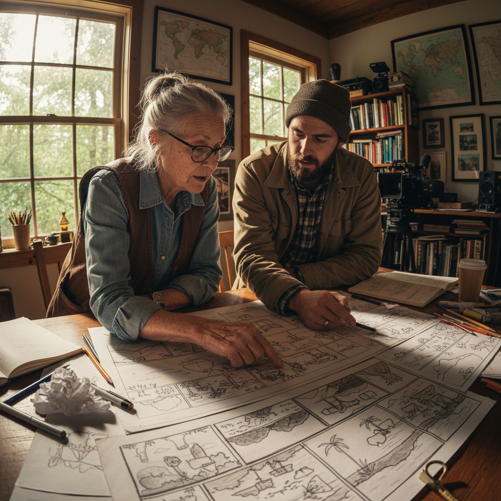 Elder and young filmmaker collaborating on documentary storyboard together