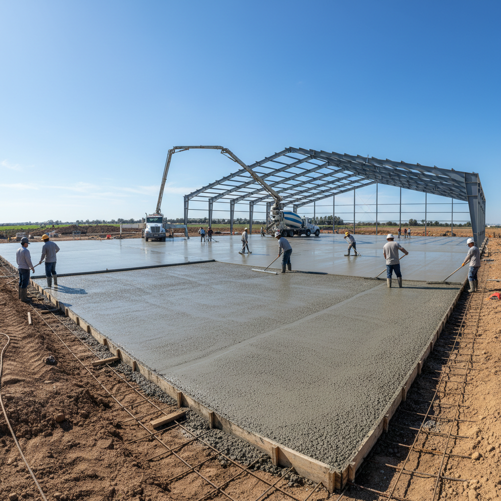 Large concrete flatwork slab being poured for agricultural barn floor in rural Wisconsin