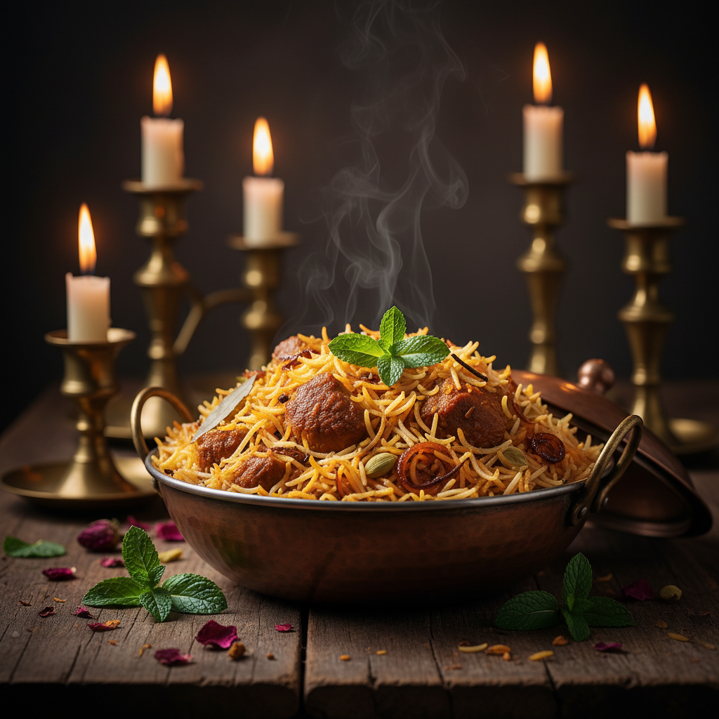 Steaming Hyderabadi biryani in a large vessel with saffron and fried onions, dark moody food photography