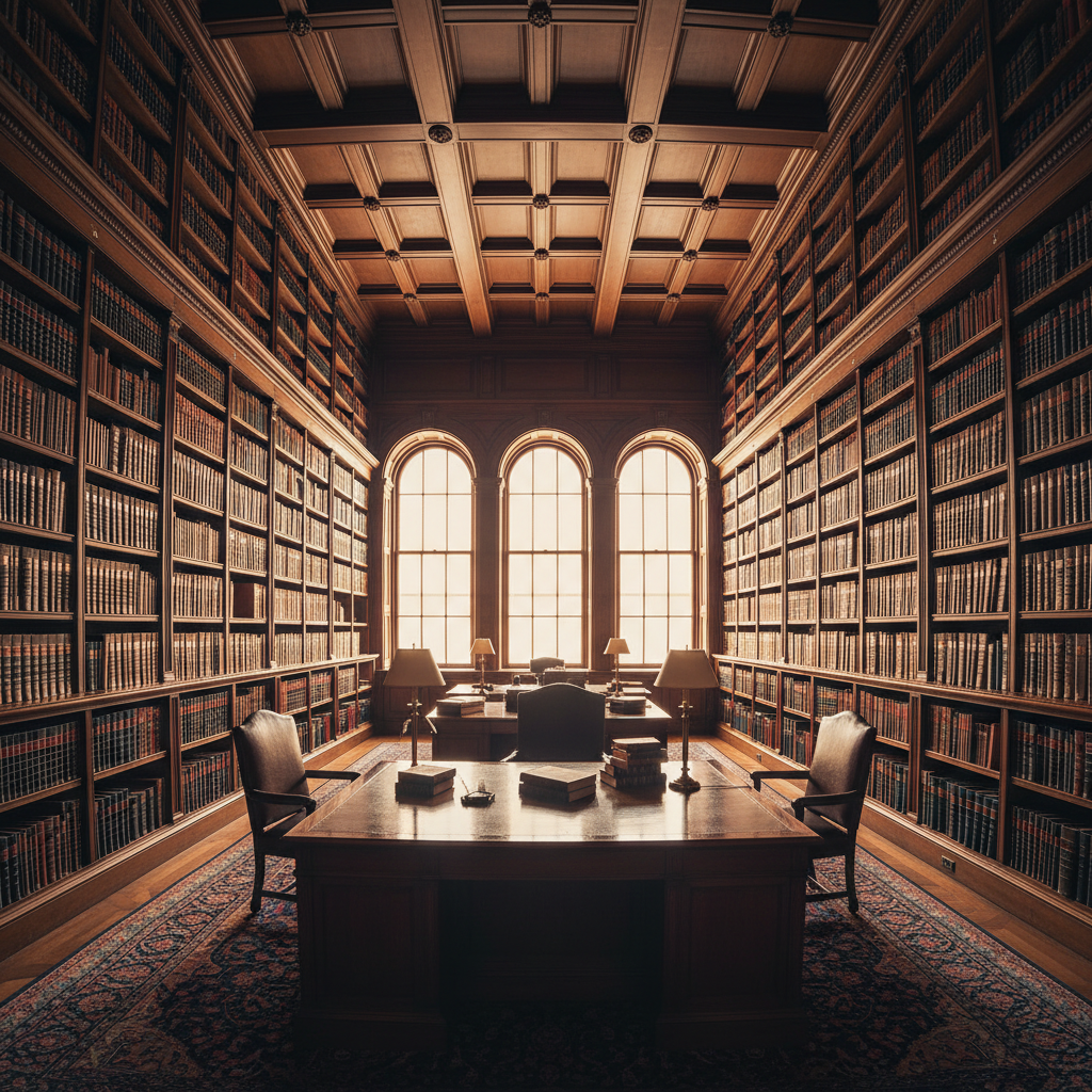 Elegant law library with leather-bound books and a mahogany desk with golden lamp