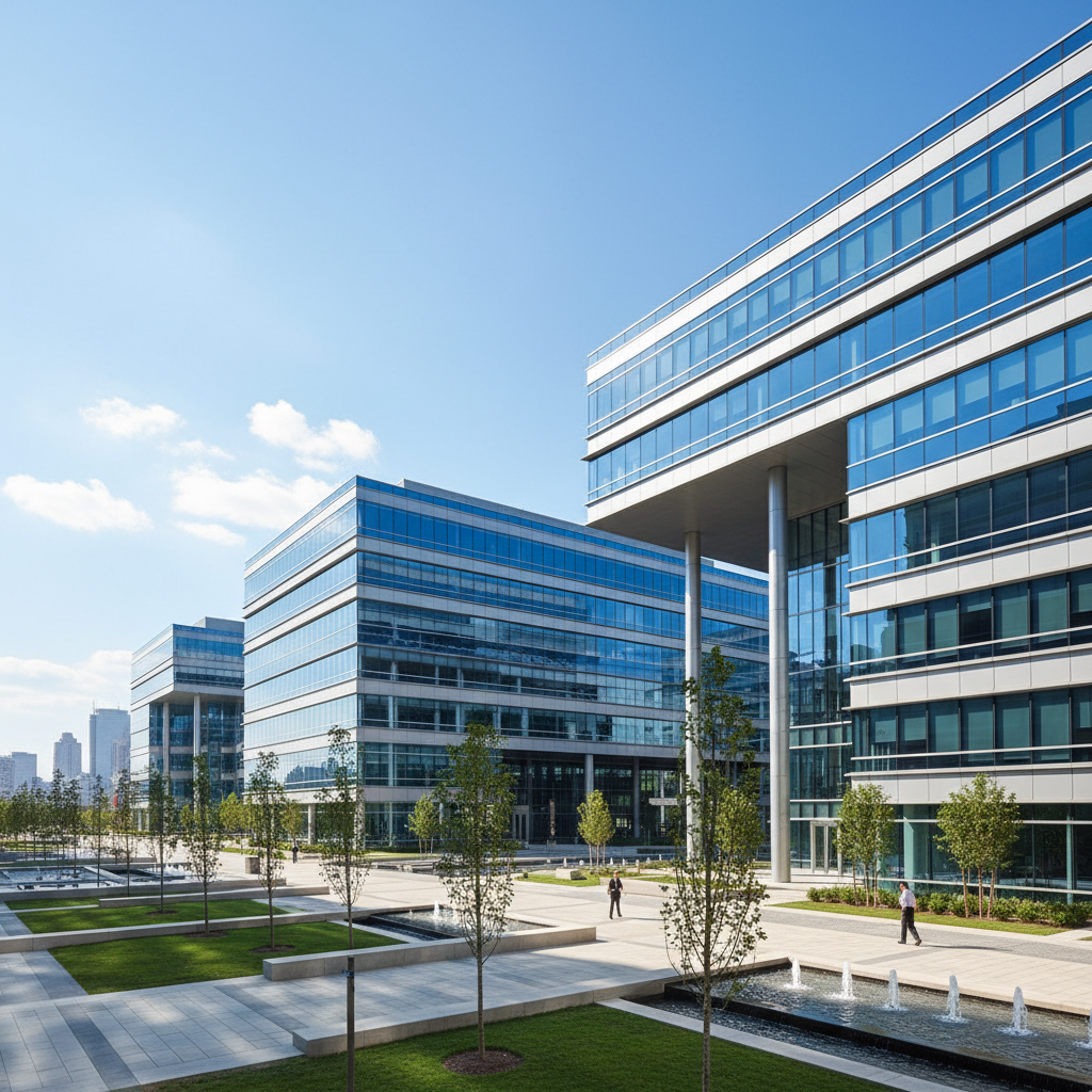 Wide modern corporate campus building with glass facade, green landscaping, clear blue sky
