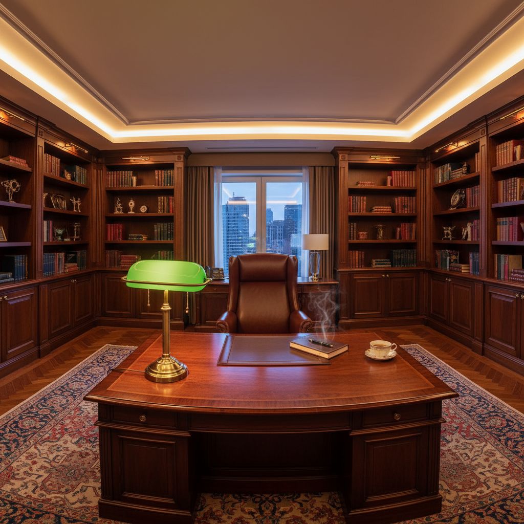 Sleek dark web design on monitor in elegant office, soft golden desk lamp, professional atmosphere