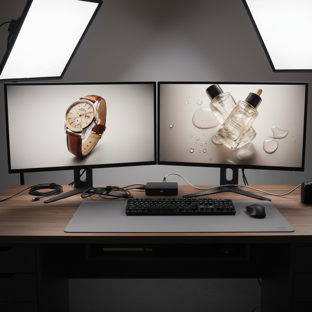 Tethering station with two large calibrated monitors displaying product photography, dark desk with organized cables and keyboard