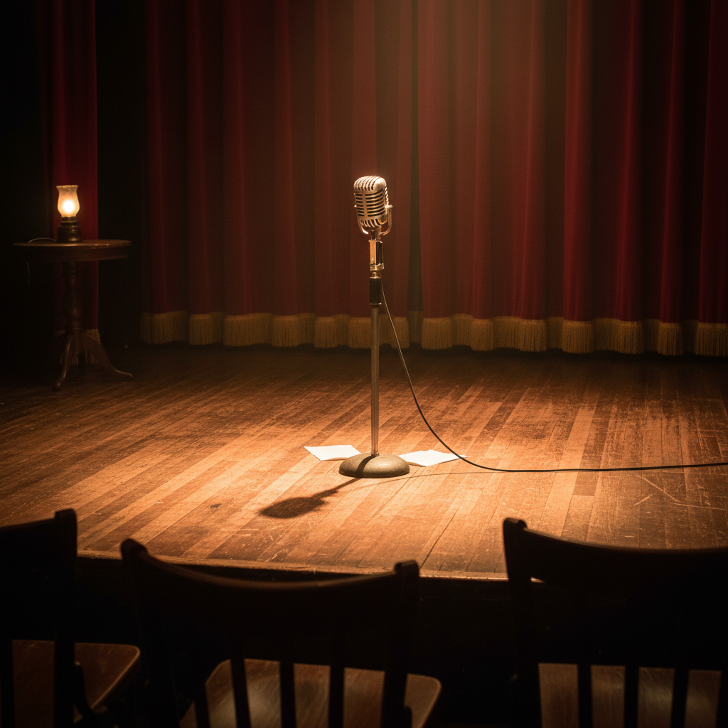 Spoken word performer on stage, warm stage lights, deep shadows, intimate venue atmosphere