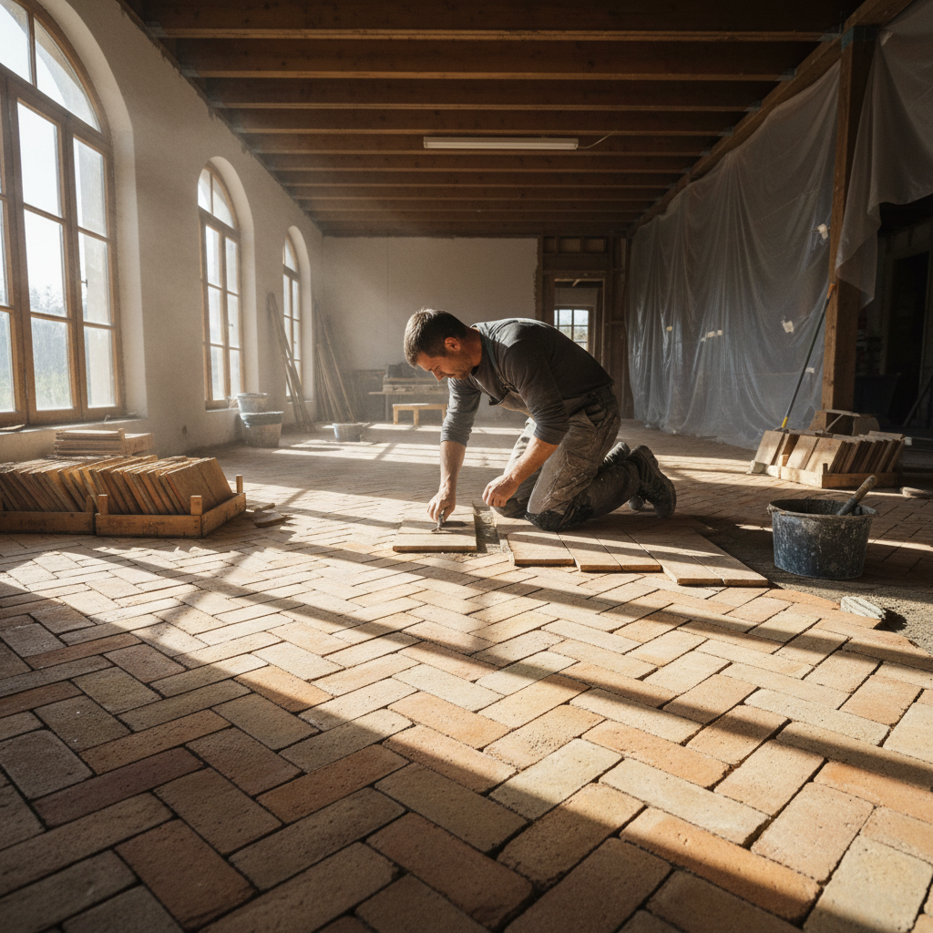 Tile setter with trowel carefully placing handmade terracotta tiles in a herringbone pattern