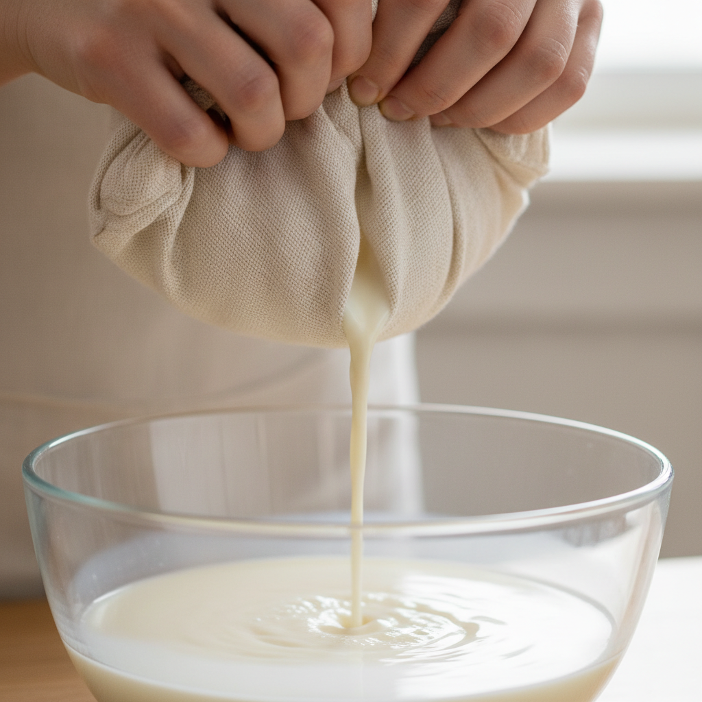 Hands pressing a linen nut-milk bag over a glass bowl with white almond milk flowing through