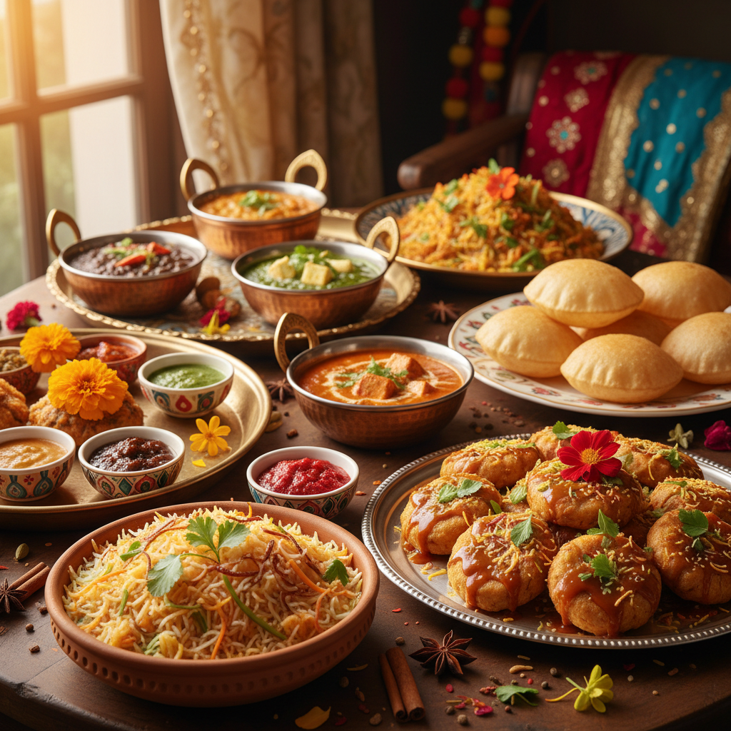Colorful Indian wedding buffet spread on white tablecloth, bright overhead lighting, vibrant dishes